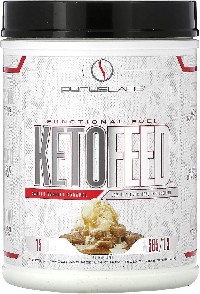 Purus Labs KetoFeed Protein | Keto Madal glükeemilise valgu asendaja | Madal süsivesik, 0 Suhkrut | Lisatud MCT-d | 20 g vadakuvalku (soolatud Vanilla Karamell)