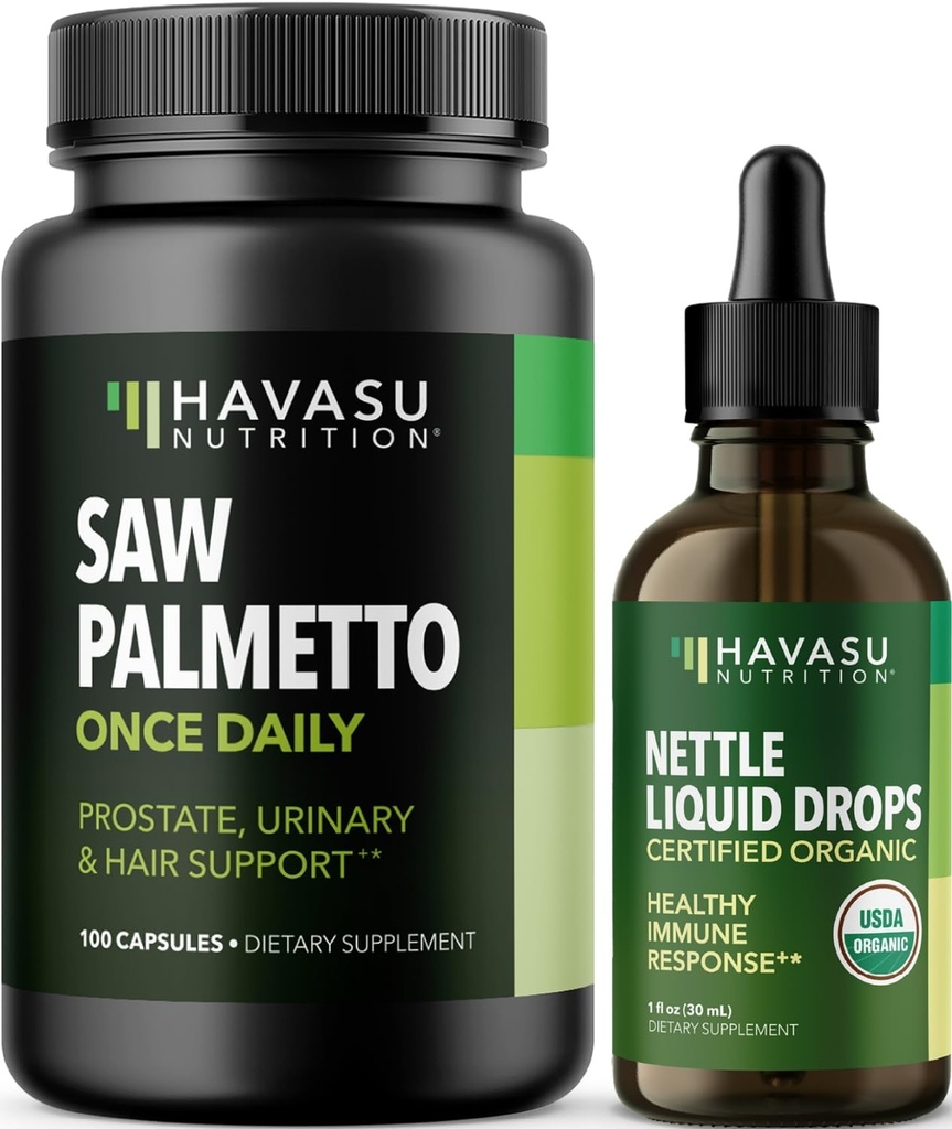 HAVASU TOITUMINE Nõgeslehe ekstrakt Vedelad tilgad (60 serveerimist) & Saw Palmetto kapslid (100 serveerimist)