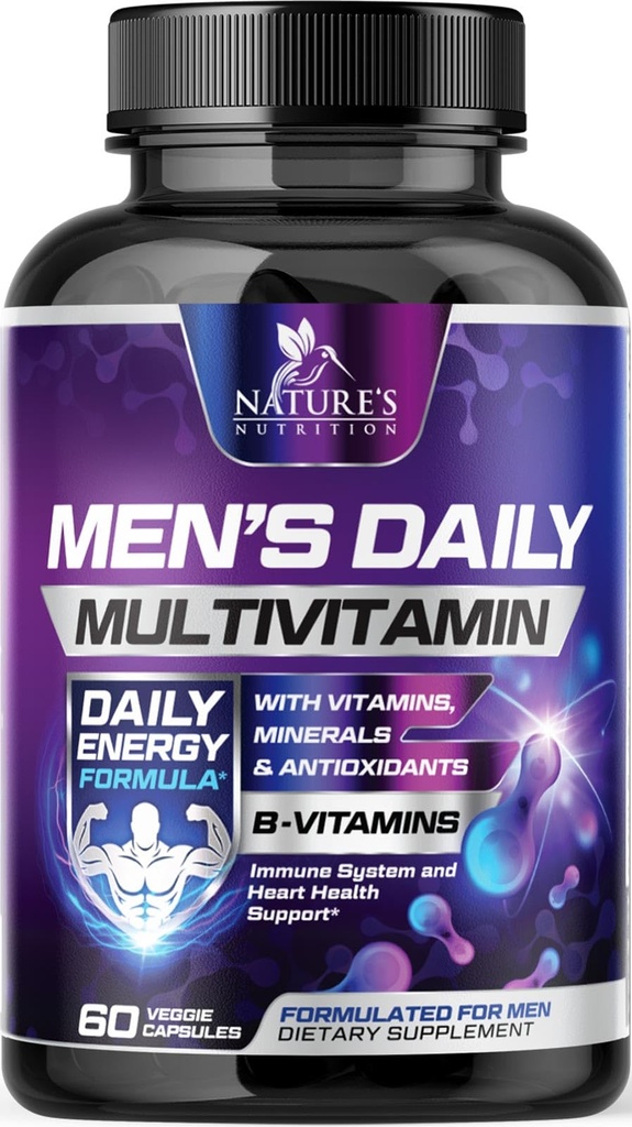 Multivitamiin meestele - A-vitamiin, C, D, E, tsink, kaltsium, multivitamiinid immuunsüsteemi tervise toetamiseks, vitamiin B12, meeste igapäevane multivitamiinilisa kapslid, mitte-GMO mehed multivitamiinid - 60 kapslit