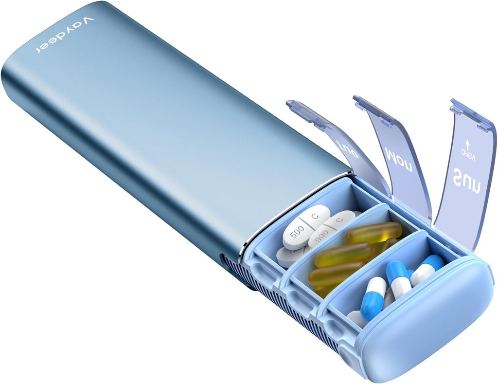 Vaydeer Metal Travel Pill Korraldaja, 7 päeva nädalas pillide kasti, suure mahutavusega päevas Cute Pill Case toidulisandeid, pillid, vitamiine ja ravimeid (Small, Blue)