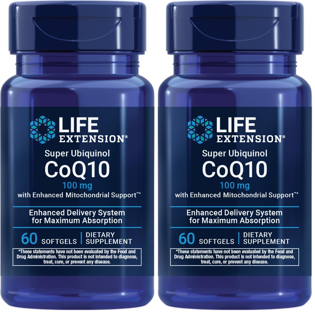 Life Extension Super Ubikinol CoQ10 koos tõhustatud mitokondriaalse toetuse, tugeva südame tervise ja rakuenergia tootmise toetusega, ultra-absorbeeritav, gluteenivaba, mitte-GMO, 100 mg, 60 pehmet geeli (pakk 2)