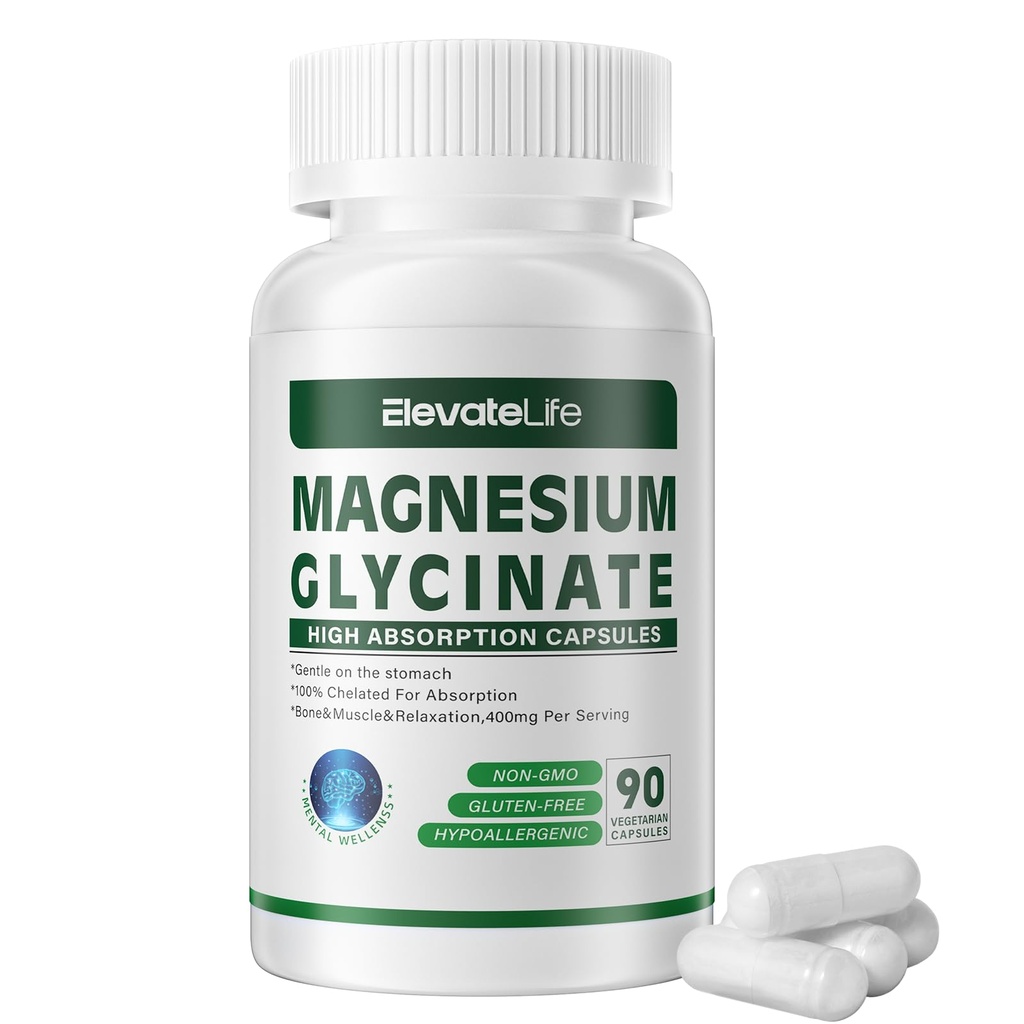 Magneesiumglütsinaat 400 MG ühe serveerimise kohta 100% kelaaditud kõrge imendumise jaoks, õrn kõhul, mitte-GMO, 90 taimekapslit