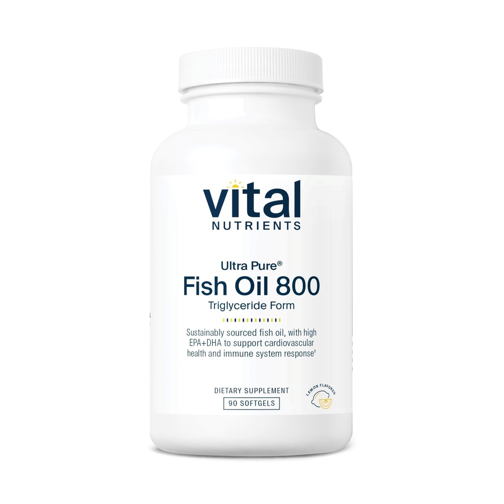 Elutähtsad toitained Ultra Pure® Kalaõli 800 Triglütseriidide vorm | Süda, Aju Ja Immuunsus Tervis * | Jätkusuutlikult hangitud Kõrge EPA & DHA Omega-3 Rasvhape | Sidrunimaitse | Gluteen, Piimatooted, Sojavaba | 90 Krahv