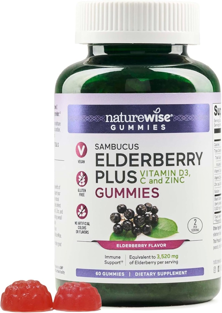 NatureWise Sambucus Elderberry Gummies - 4-aastaste laste immuunsuse tugilisa ja C-vitamiini, D3, tsink - Elderberries, mis vastavad 3520mg - vegan, mitte-GMO - 60 Count [30-päevane pakkumine]