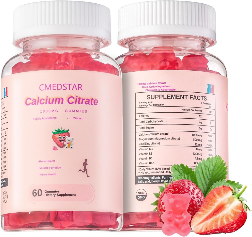 Närimiskõlblik kaltsiumtsitraatkummid 1000 mg D3-vitamiini ja K2-ga, B6 & B12-ga, magneesium, tsink luudele, lihastele ja liigestele, immuunsus ja mälu tugi, suhkruvaba, gluteenivaba, taimetoitlane, maasikas, 60 krahv