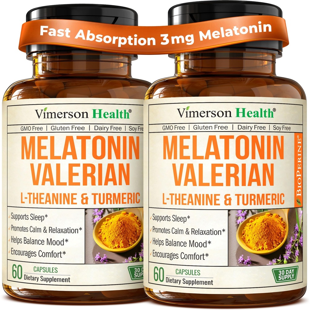 Melatoniin Sleep Aid koos L Theanine & Valerian Juur - Kurkum täiendus - Kurkum kurkumiini Ginger & Black Pepper - L-Theanine & Melatoniin 3mg Sleep, Calm and Stress Relief - 2 Pack