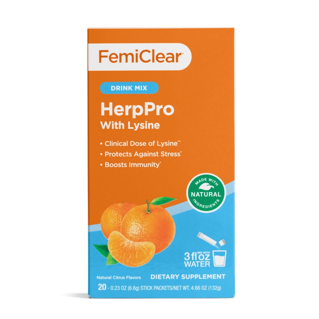 FemiClear HerpPro Drink Mix, L-Lysine 3000mg, tsink, vitamiinid A & C, Ashwagandha, immuunsuse ja stressi lisand naistele ja meestele, 20 pakendit