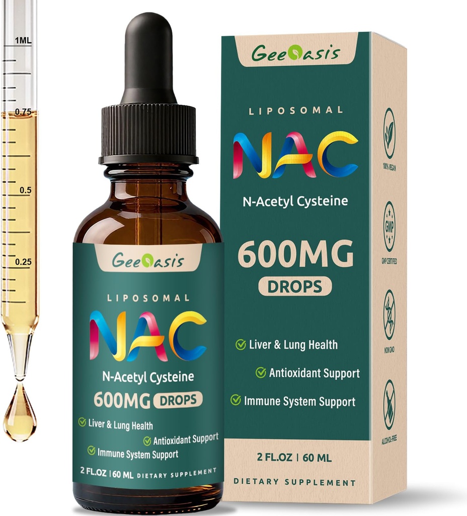Liposomal Liquid NAC Supplement N-Acetyl Cysteine Tilgad, N Atsetüül Cysteine 600 mg koos Quercetin & Tsink täiskasvanutele ja lastele, Maks & Lung Support, Antioksüdant, Immune & Skin Health, 2 Fl Oz