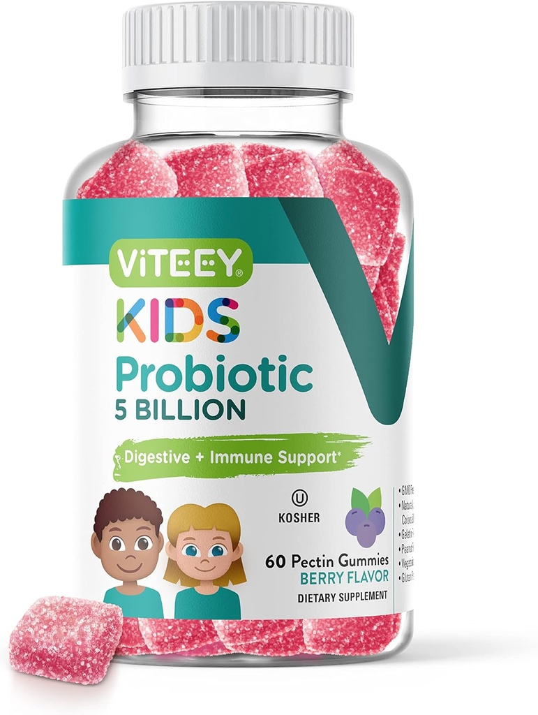 Viteey probiootilised kummikud lastele - 5 miljardit CFU-d - probiootikumid Lapsed Kõhukinnisuse leevendamine, looduslik immuunsus ja seedetrakti tervisetoetus - taimetoitlane, želatiin vaba, GMO-vaba - maitsev marja maitsestatud kummi