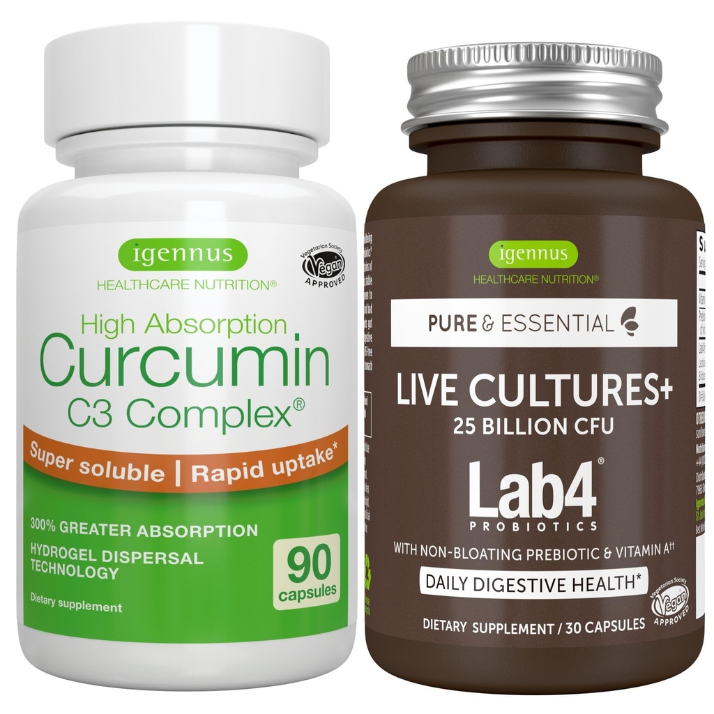 Live Cultures+ Lab4 probiootikumid + suure imendumisega kurkumiini C3 kompleks Vegan Bundle, 25 miljardit CFU probiootikum, mitte-puhutav prebiootikum + 300% suurem imendumine Kurkuminoididid kiire sissevõtuga, Igennus