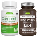Live Cultures+ Lab4 probiootikumid + suure imendumisega kurkumiini C3 kompleks Vegan Bundle, 25 miljardit CFU probiootikum, mitte-puhutav prebiootikum + 300% suurem imendumine Kurkuminoididid kiire sissevõtuga, Igennus