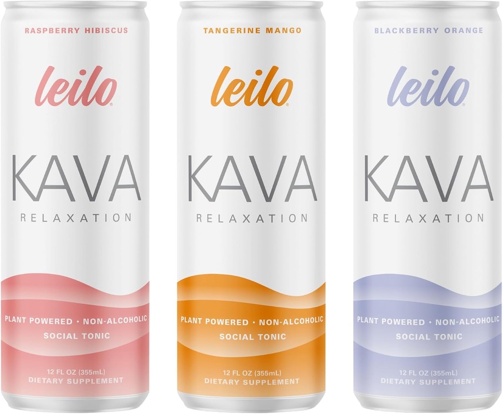 LEILO | Kava Powered Sparkling Lõõgastav jook | Classic Variety-Pack – Sisaldab: Vaarika Hibiscus, Tangerine Mango, BlackBerry Orange | 12 fl oz Cans (Pack of 12)