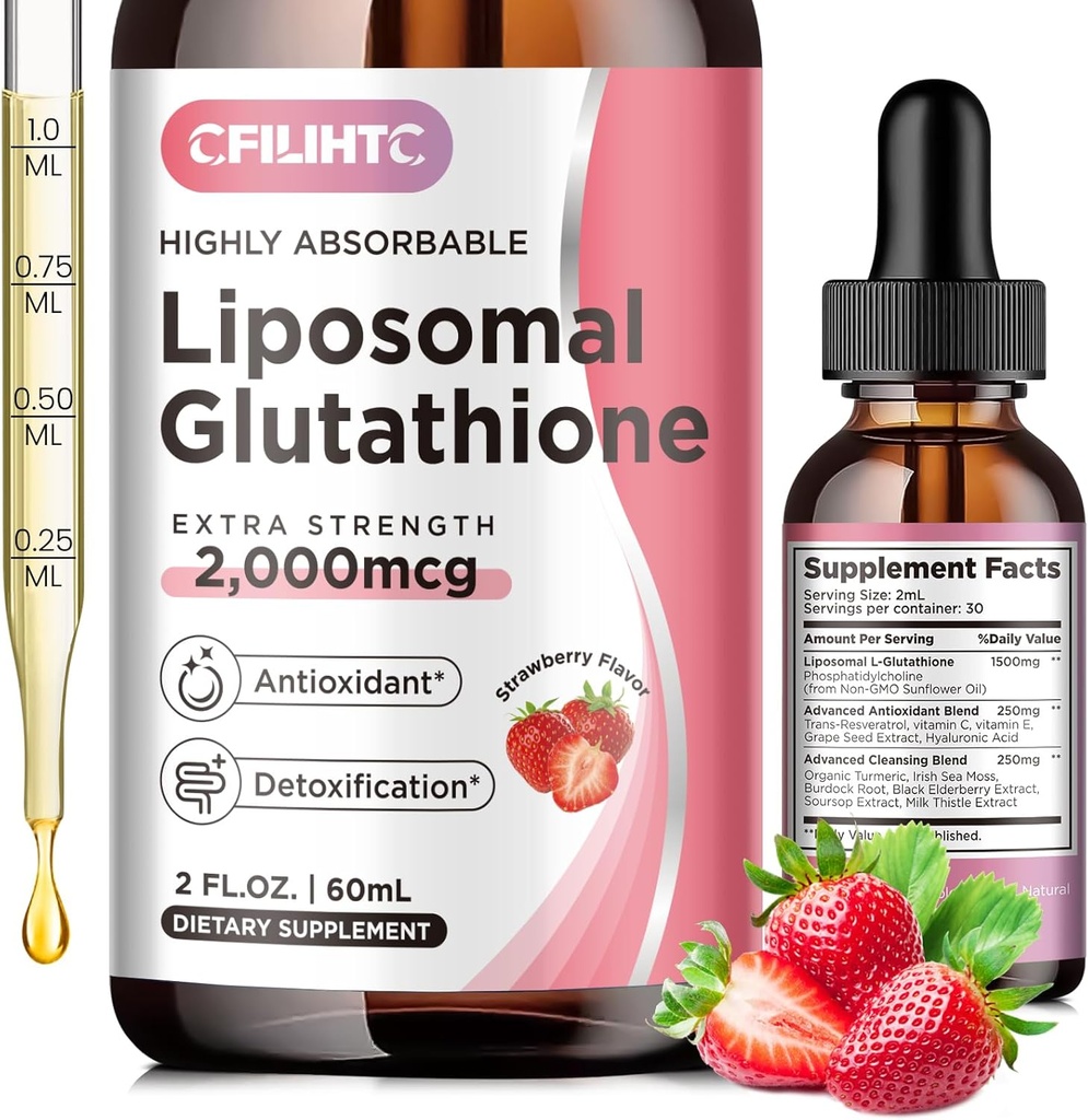 Liposomaalne Glutatioon Vedelad tilgad , Glutatiooni Vedel täiendus , aktiivne vorm L- Glutatioon , C-vitamiiniga , Maksa detox , antioksüdant vananemisvastaseks , immuun- ja puhastusvahendiks , Maasikamaitse , 2 FL.OZ