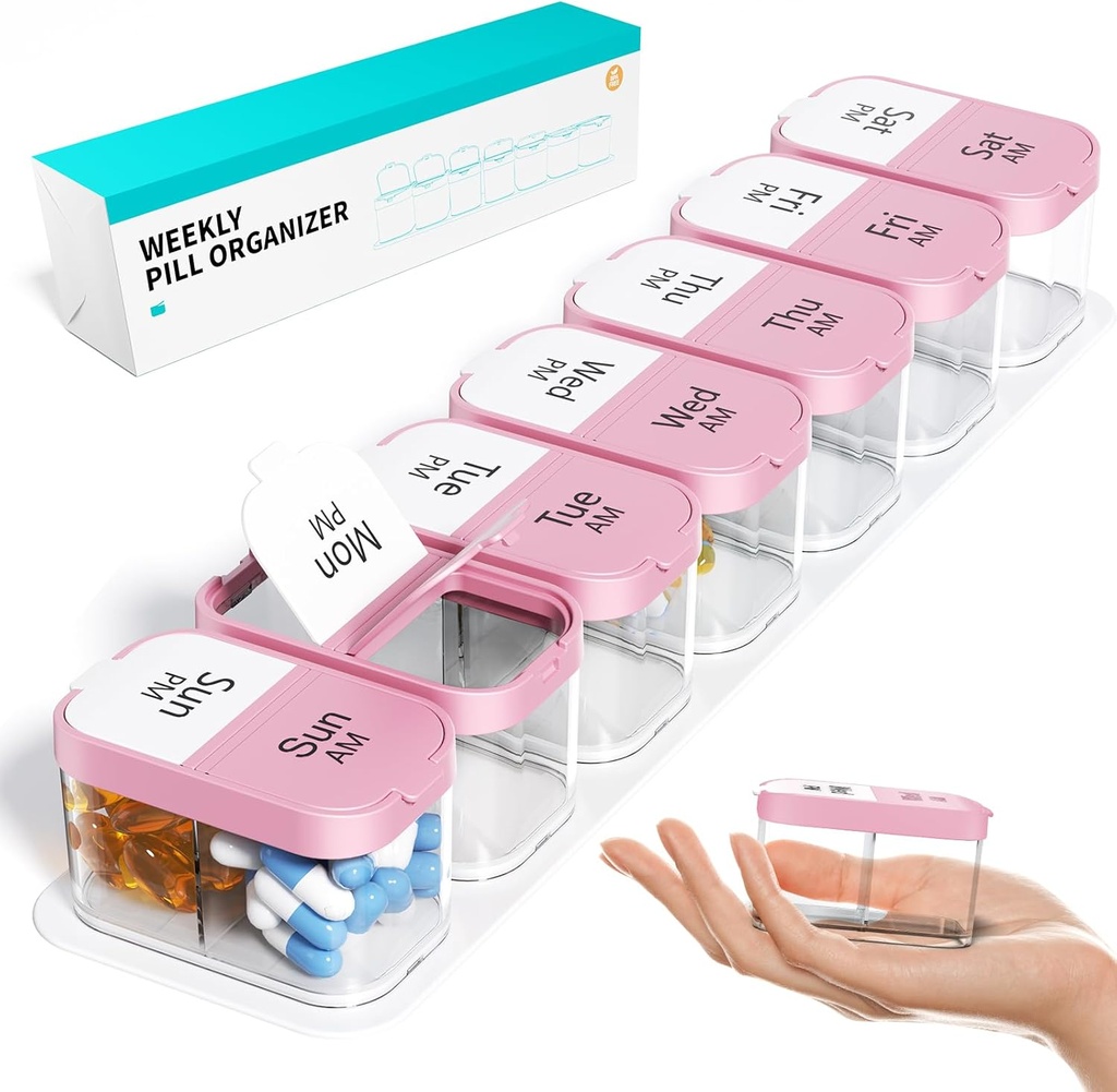 Odaro Extra Suur iganädalane pillide korraldaja 2 korda päevas, pillide karp 7 päeva am Pm igapäevase meditsiini vitamiinide ja toidulisandite hoidmiseks - roosa