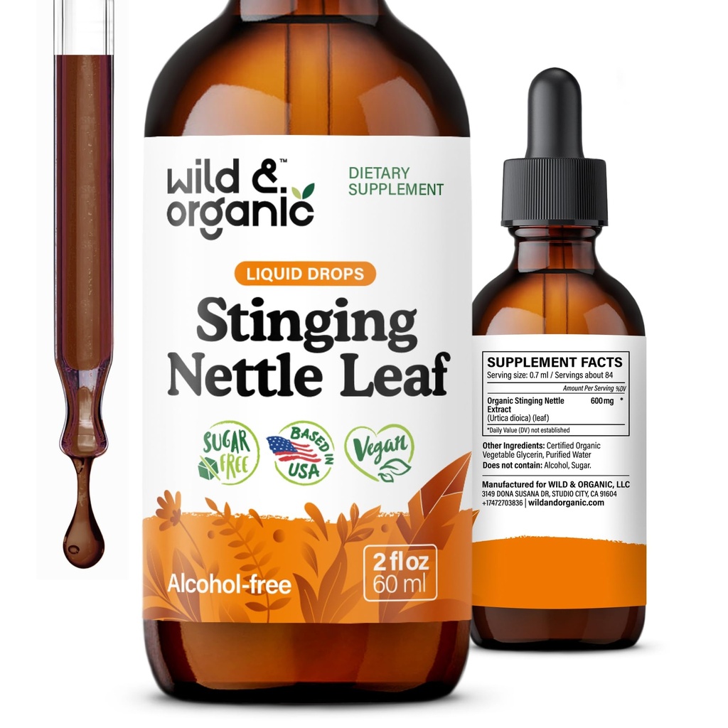 Wild & Organic Stinginging Nettle Leaf Extract tilgad - Kuseteede tugi - Vedelik nõel Nõges Täiendus - Urtica Dioica Tinktuur - 2-kuuline pakkumine - Vegan, suhkur & alkoholivaba - 2 fl oz