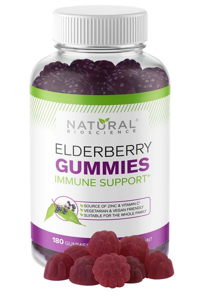 Looduslik BioScience Sambucus Elderberry Gummies koos C-vitamiini ja tsink, Immune Support täiskasvanutele ja lastele, Daily Antioxidant & Wellness Boost, 180 Vegan, Gluteenivaba, närimistable Elderberry Gummies