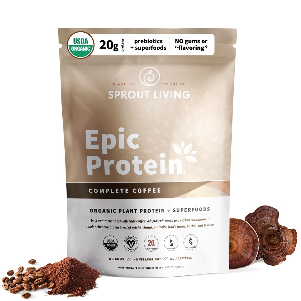 Sprout Living, Epic Valk, Taimne Valk & Superfoods Pulber, Täielik kohv | 20 Grams Orgaaniline Valk Pulber, Adaptogeenid, Seened, Vegan, Mitte-GMO, Gluteenivaba (1 Nael, 12 Servings)