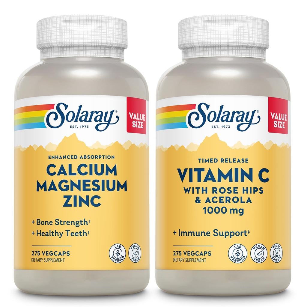 SOLARAY Kaltsium Magneesium Tsink ja ajastatud vabastav C-vitamiin - luude tervis, immuunsuse tugipakett, 1000 mg kaltsiumi, 500 mg magneesiumi, 1000 mg C-vitamiini lisandit, vegan, 60-päevane garantii, 275 VegCaps iga
