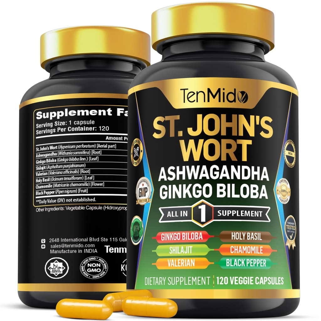 St.John's Wort Supplement - 8in1 valem - Kombineerige Ashwagandha, Ginkgo Biloba, Shilajit, Valerian, Püha basiilik, kummel ja must pipar - 120 Vegan kapslit 4 kuu pakkumiseks