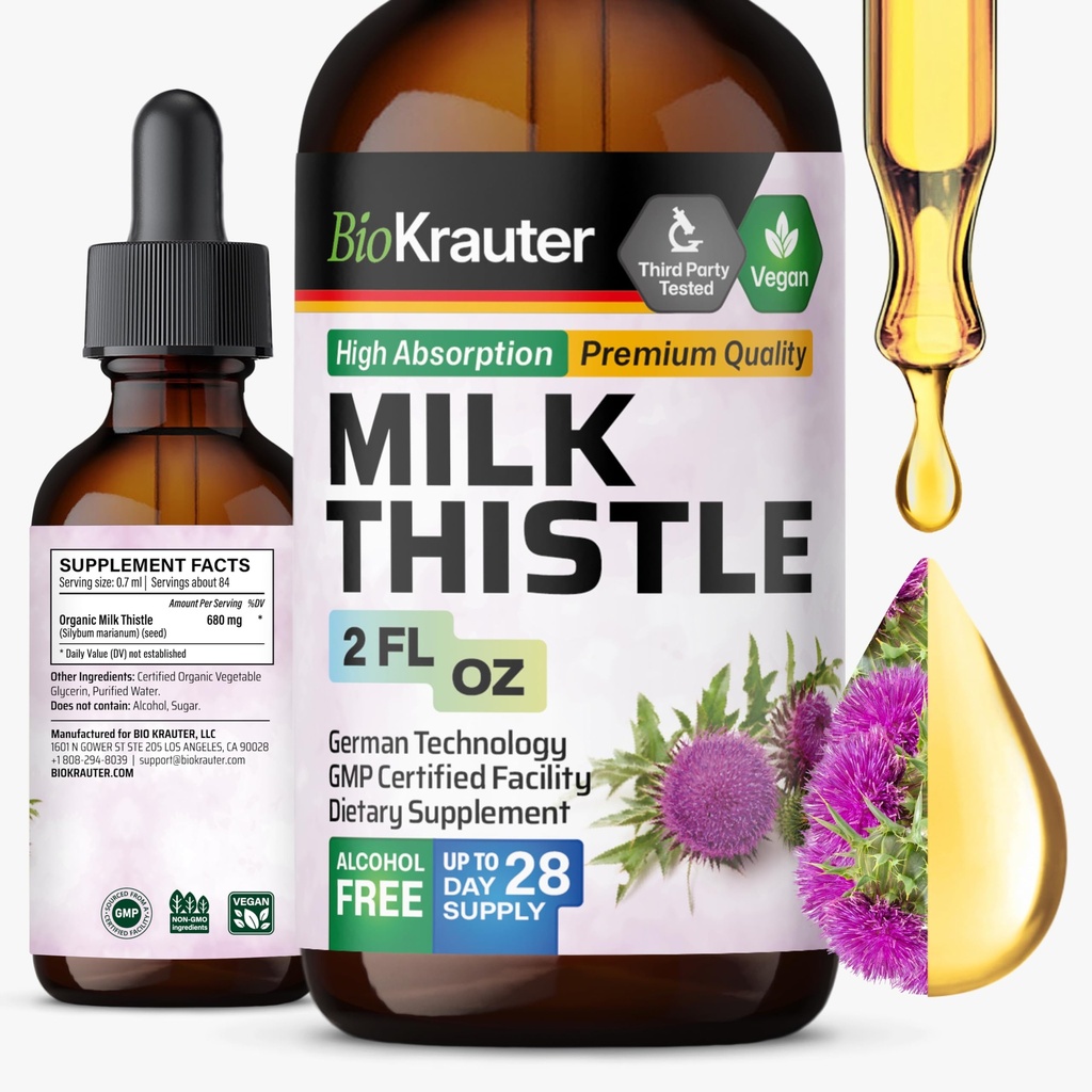 BIO KRAUTER Piimaohaka vedelad tilgad - piimaohakas Silymarin Maksatoetuslisand - Alkohol ja suhkruvaba tinktuur maksa puhastamiseks Detox - 2 Fl. Oz.