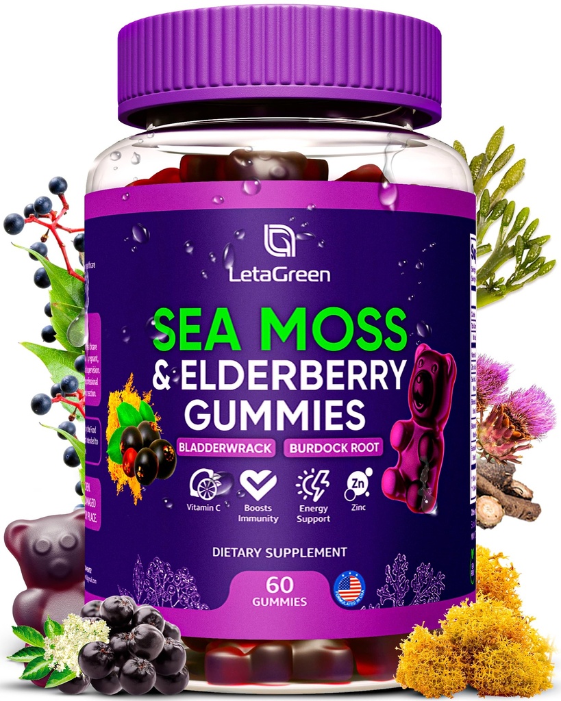 Iiri meri Moss Gummies - Bladderwrack Burdock Root Elderberry Vitamiin C & Zinc - 60 Vegan Seamoss Gummy Bears täiskasvanutele Lapsed Mehed Naised - Multimineral Elderberry Vitamiinid