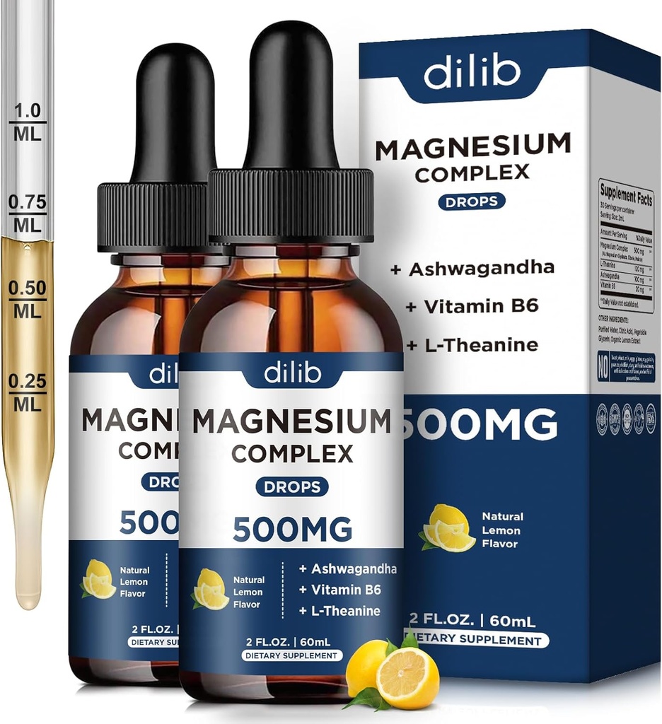 (2 Pack) Magneesiumglütsinaat, tsitraat, malaatvedel tilgad-kolmekordne magneesiumi kompleks 500mg koos ashwagandha, L-Theanine, vitamiin B6-toetusrahu, stressi leevendamine, uni, lihas-sidrunimaitse
