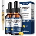 (2 Pack) Magneesiumglütsinaat, tsitraat, malaatvedel tilgad-kolmekordne magneesiumi kompleks 500mg koos ashwagandha, L-Theanine, vitamiin B6-toetusrahu, stressi leevendamine, uni, lihas-sidrunimaitse