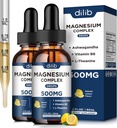 (2 Pack) Magneesiumglütsinaat, tsitraat, malaatvedel tilgad-kolmekordne magneesiumi kompleks 500mg koos ashwagandha, L-Theanine, vitamiin B6-toetusrahu, stressi leevendamine, uni, lihas-sidrunimaitse
