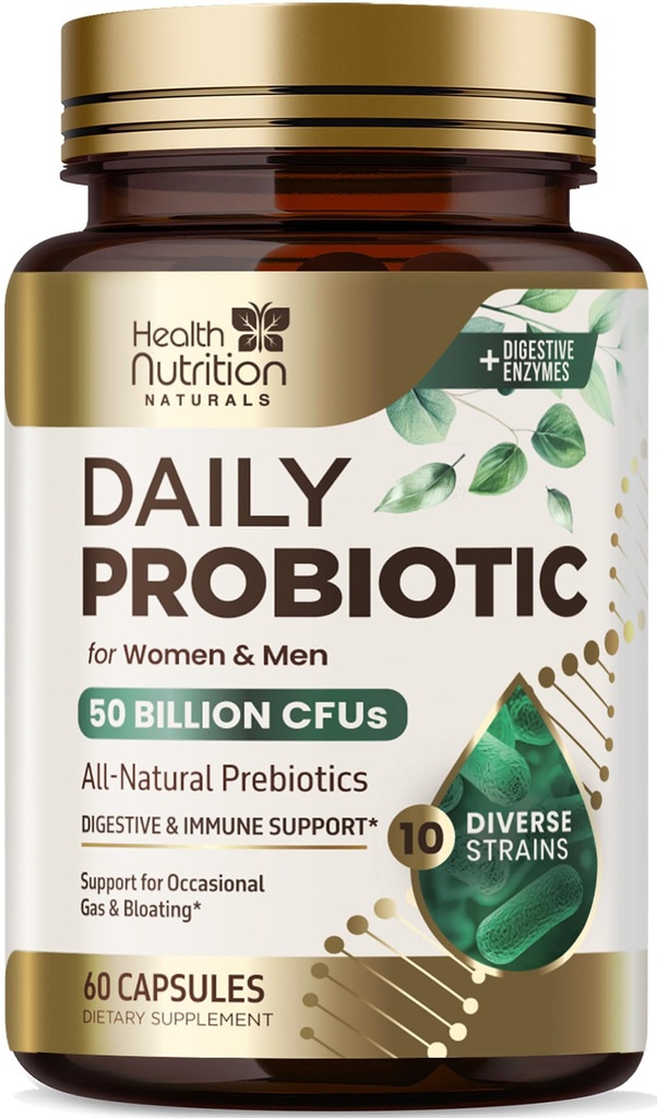 Probiootikumid 60 miljardit CFU + 10 tüve - igapäevane probiootiline Lactobacillus Blend immuunsuse, seedetrakti ja soolestiku tervise toetamiseks, prebiootikumid ja probiootikumid, gaas ja puhumine naistele ja meestele - 60 kapslit
