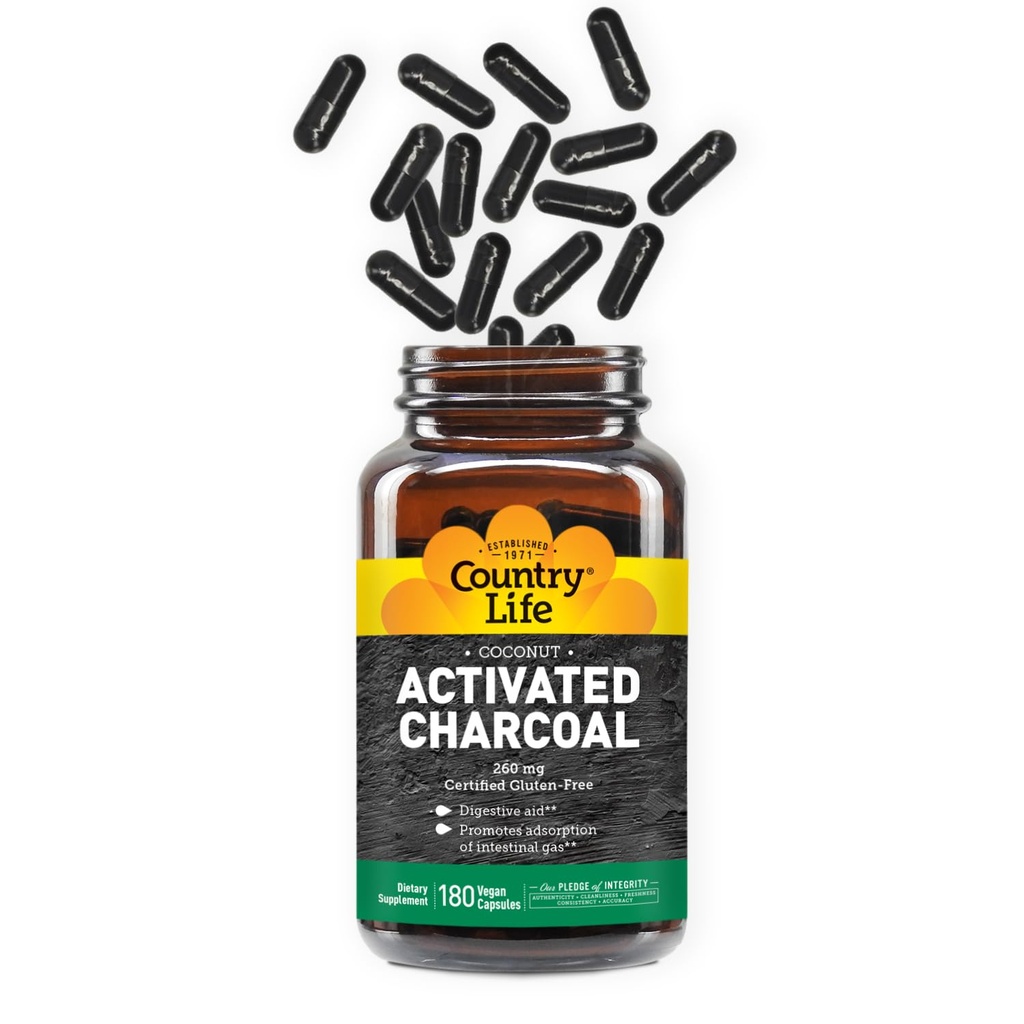 Country Life Activated Organic Coconut Charcoal Capsules, 260mg – Natural Charcoal Supplement for Gas and Bloating Relief, Gluteenivaba, 180 Vegan Capsules