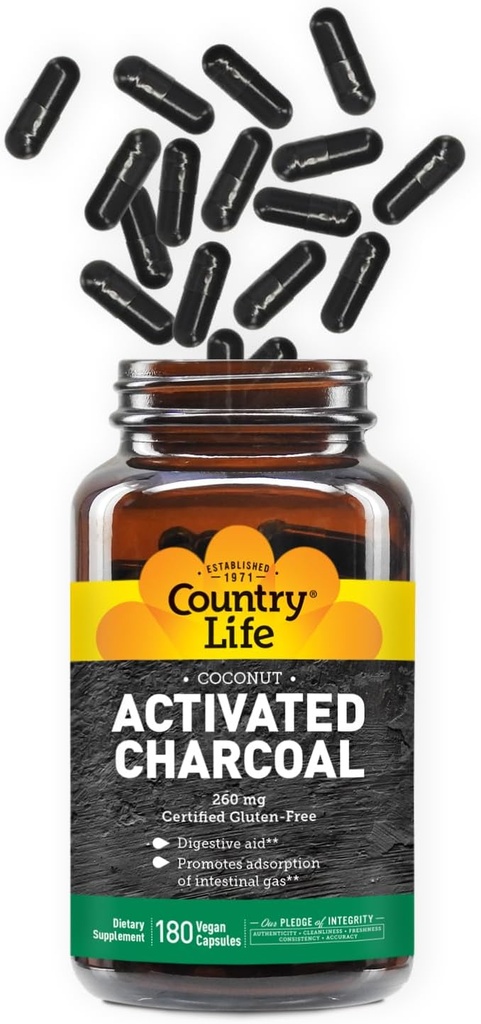 Country Life Activated Organic Coconut Charcoal Capsules, 260mg – Natural Charcoal Supplement for Gas and Bloating Relief, Gluteenivaba, 180 Vegan Capsules