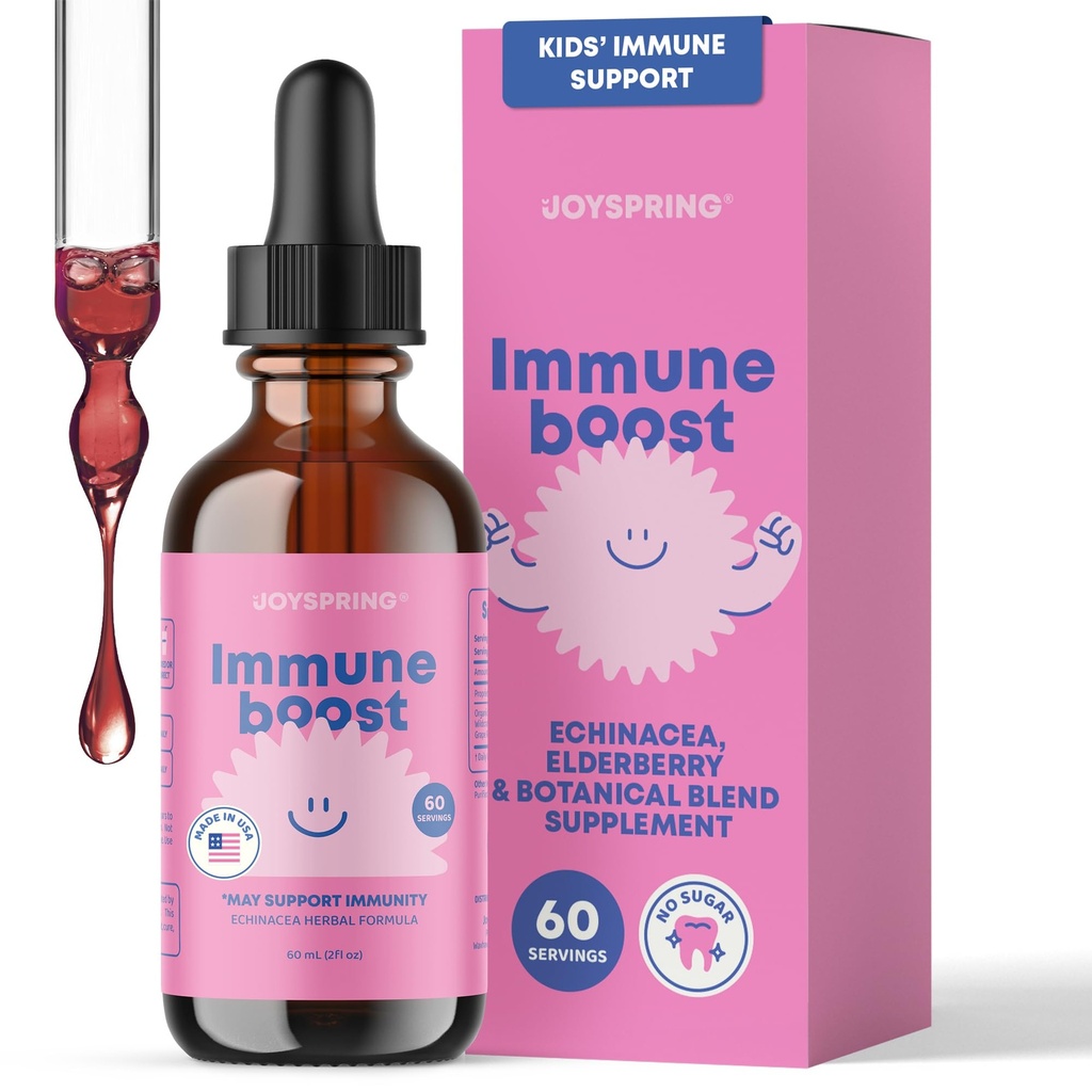 JoySpring Immune Drops - Kids Immune Support Vedel täiendus (2 fl oz) - Echinacea, Elderberry, Oregoni viinamarjajuur, apelsinikoor, vitamiinid A, B6, C - looduslik tugisüsteem lastele ja täiskasvanutele