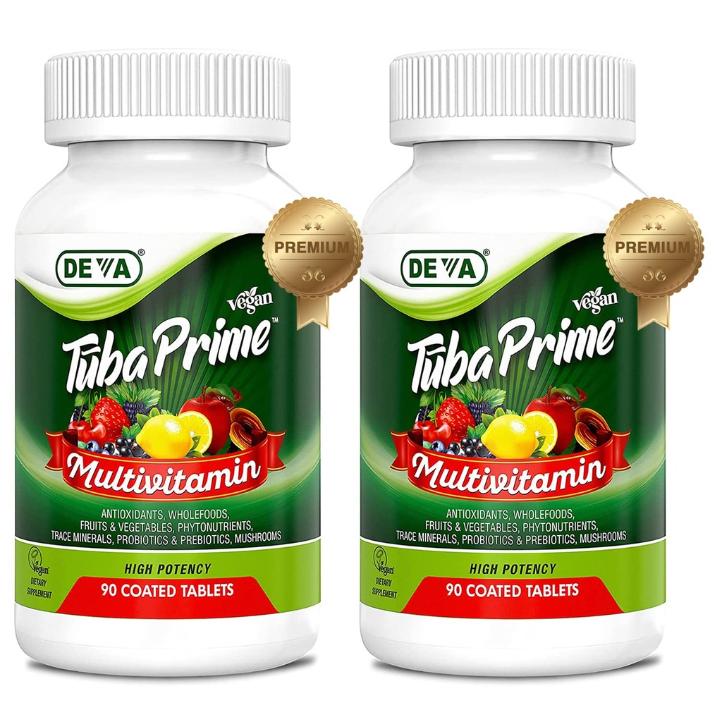 DEVA Tuba Prime Vegan Multivitamiinid Kõrge tugevusega Vitamiin ja mineraaltoitained Toidulisandid Antioksüdandid, Puu- ja köögiviljasegu, Super Seened, Probiootikumid, Prebiootikumid, Seemned, maitsetaimed - 90 Tabs, 2-Pakk