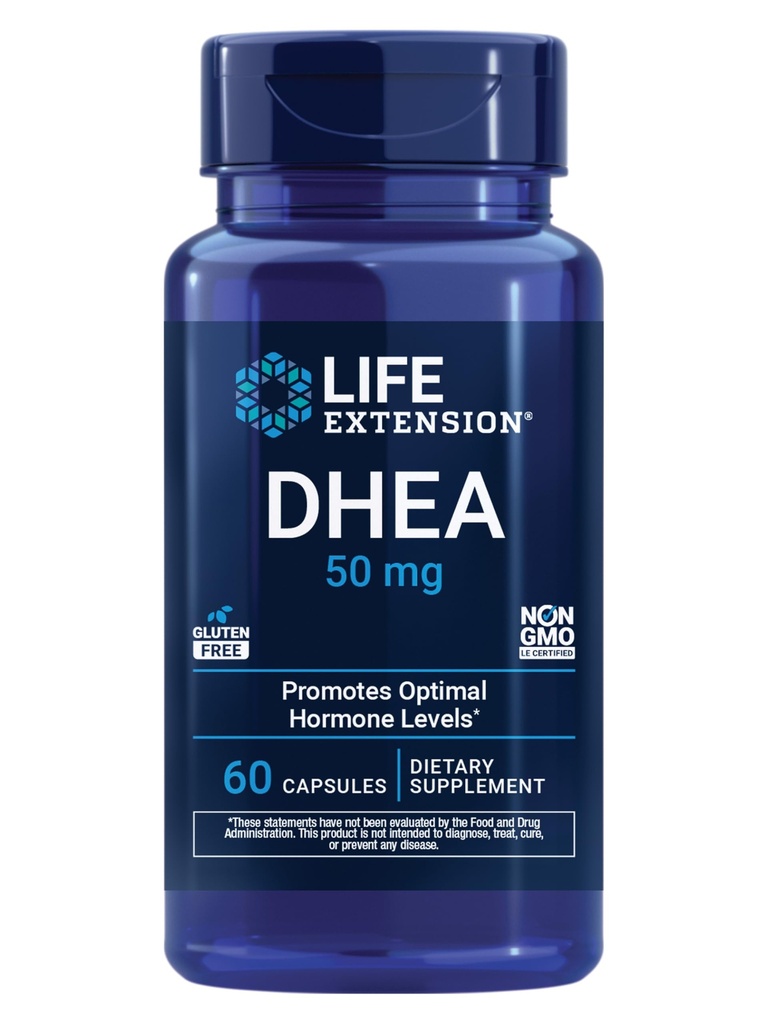 Elu pikendamine DHEA 50 mg - hormoonide tasakaalu lisand, mälu, lihasmassi ja luutiheduse tugi, tervislik sugutung, gluteenivaba, mitte-GMO, 60 kapslit