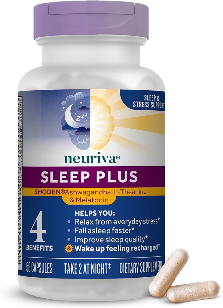 NEURIVA Sleep Plus koos 4-in-1 kasu - kliiniliselt testitud ashwagandha, L-Theanine ja melatoniin - vähendada stressi, langeda kiiremini, parandada une kvaliteeti, ärkama värskendatud *, 58ct kapslit