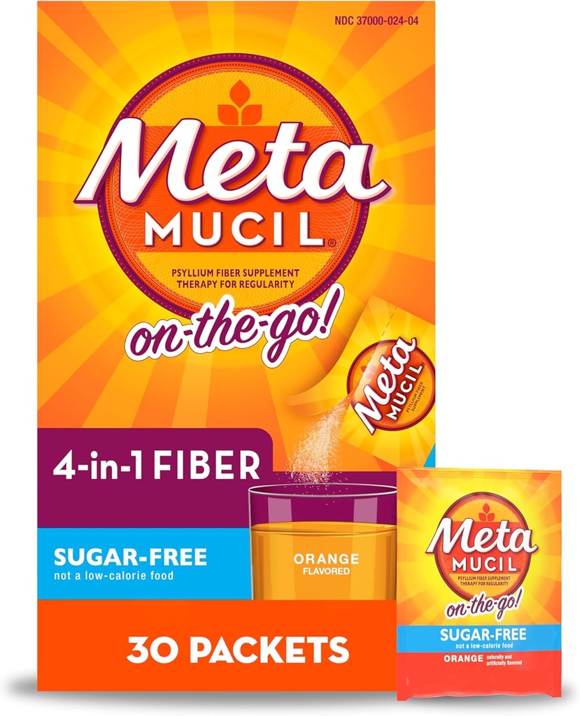 Metamucil On-The-Go, Psyllium Husk Fiber Supplement, 4-in-1 Fiber for Seedetrakti Tervis, Suhkruvaba, oranž maitse, 30 Count x 2 Packs (60 Count Total)
