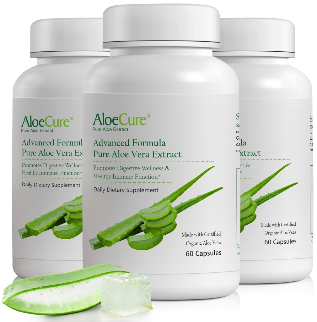 AloeCure Orgaaniline Aloe Vera kapslid, 160 000 mg Sisemine Aloe Leaf ekvivalent ühe serveerimise kohta, tugisool, seedetrakti ja immuunsüsteemi tervis, aitab säilitada tasakaalustatud kõhu hape, Aloin Free, 60Caps x 3Btl