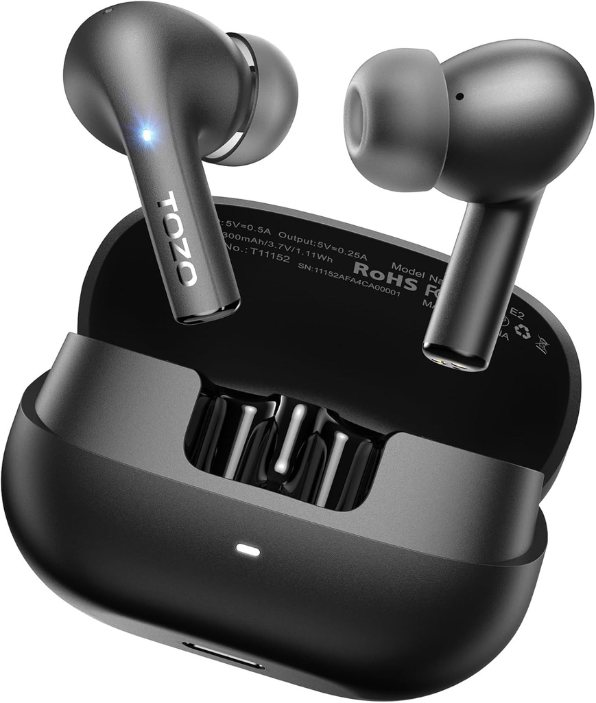 TOZO E2 Wireless Earbuds 10mm Drivers Powerful Bass, App Customize 32 EQs, 2 Mics AI Call Müra tühistamine, 30H Playtime, Bluetooth 5.3 Kõrva pungad, Comfort Fit In-Ear Headphones