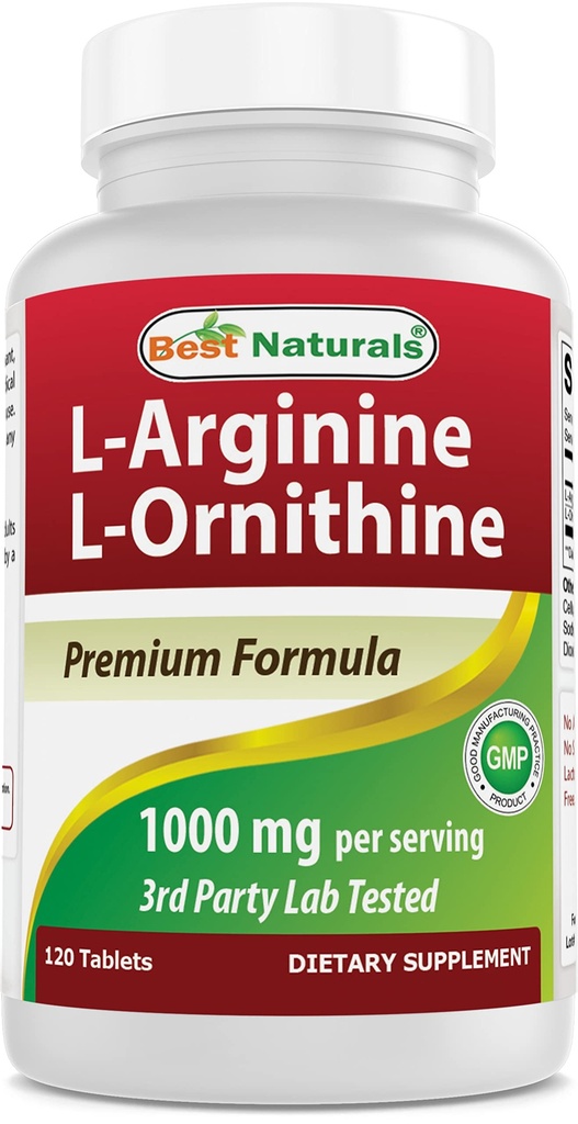 Parimad looduslikud L-arginiin L-ornitiin - 1000 mg ühe serveerimise kohta - 120 tabletti - mitte-GMO ja gluteenivaba (120 loendit (1. pakend))