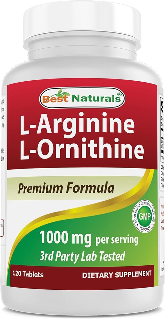 Parimad looduslikud L-arginiin L-ornitiin - 1000mg ühe serveerimise kohta - 120 tabletti - mitte-GMO ja gluteenivaba (120 loendit 1)