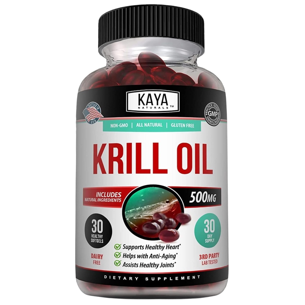 Kaya Naturals - Antarktika krillõli 500mg omega 3, EPA, DHA, fosfolipiidid ja astaksantiini lisand - aju ja tervis Vitamiin - Vananemisvastane täiendus - 30 Count Softgels