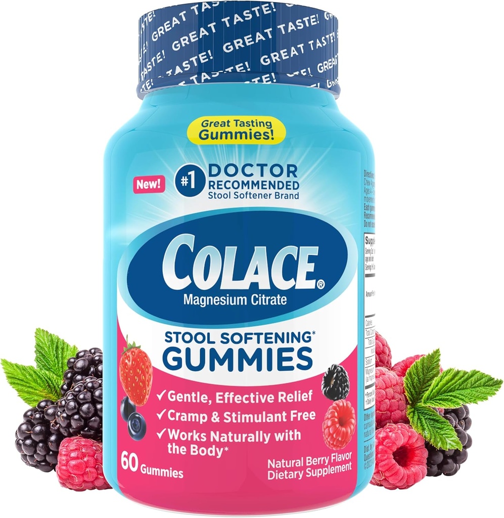 Colace Stool Softener Gummies, õrn usaldusväärne kõhukinnisus Relief Magneesium tsitraat Gummies, No.1 Doctor Recommended Stool Softener Brand, Berry Maitsestatud 60ct