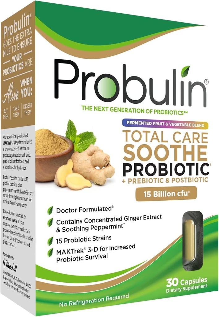 Probuliin Kogu hooldus Soothe Prebiootikum, probiootikum ja postbiootikum + ingver ja münt seedetrakti rahustamiseks - 15 miljardit CFU - 15 tüve - 30 vegankapslit