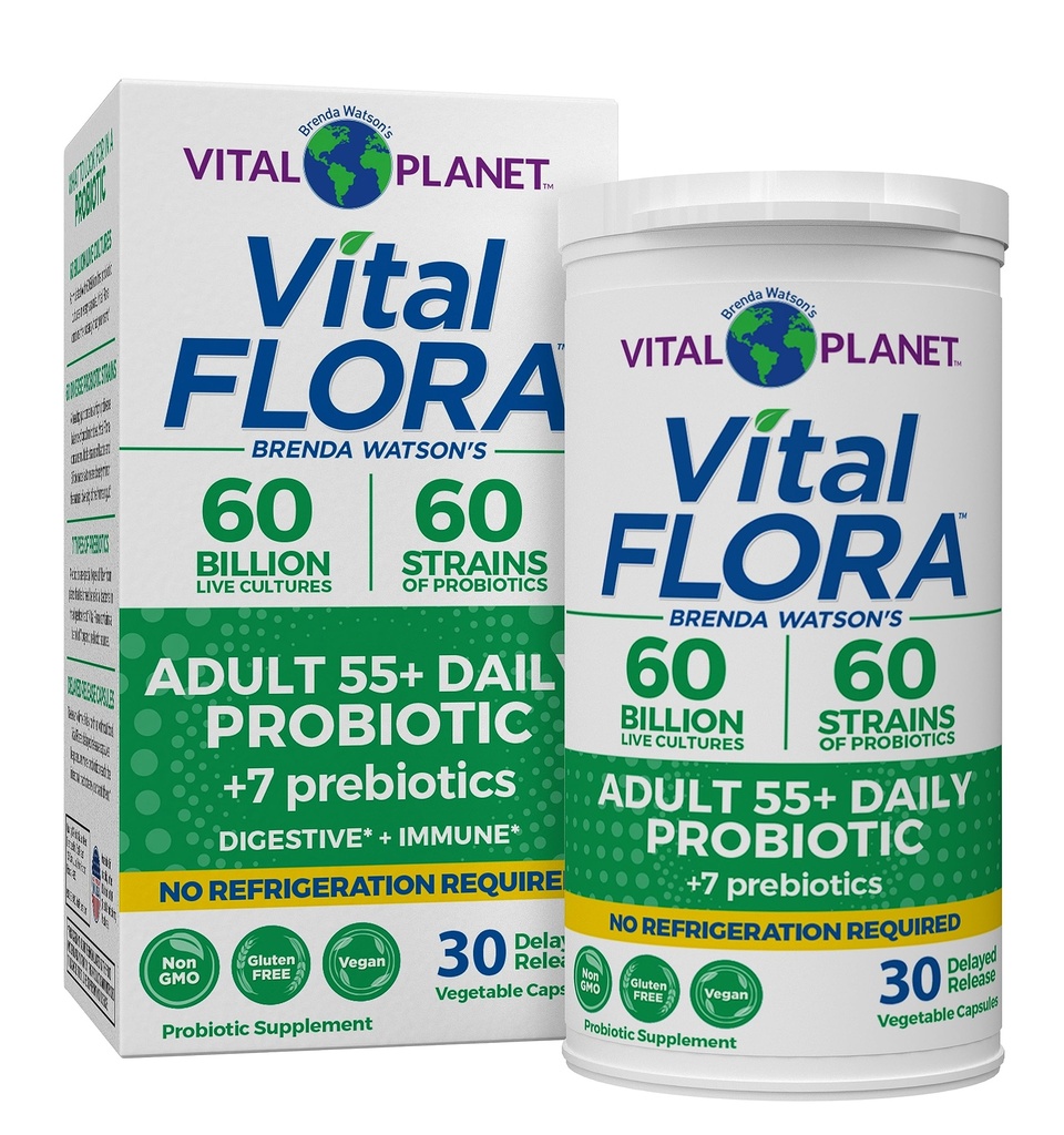 Vital Planet - Vital Flora Täiskasvanud Üle 55 Päevase Probiootikumi 60 Miljardi CFU, Mitmesugused Tüved, Orgaanilised Prebiootikumid, Immuun- ja Seedetrakti Stabiilsed Probiootikumid Naistele ja Meestele, 30 Kapslit