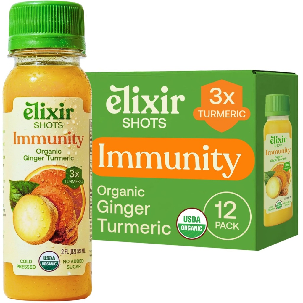 Elixir Shots, Immunity Boost Wellness Shot külmpressitud kurkum, ingver, oranž ja must pipar, ei ole lisatud suhkruid või kunstlikke koostisosi, 12-pakk