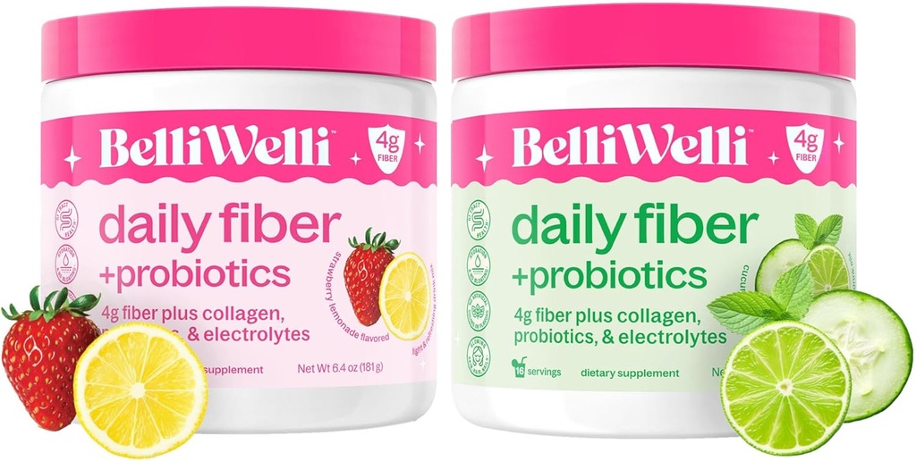 Belli Welli Daily Fiber Supplement Duo - maasikas limonaadi ja kurgi lubjamünt - kollageeni, probiootikumide ja elektrolüütidega - värskendavad maitsed tasakaalustatud heaolu jaoks - 32 kokku