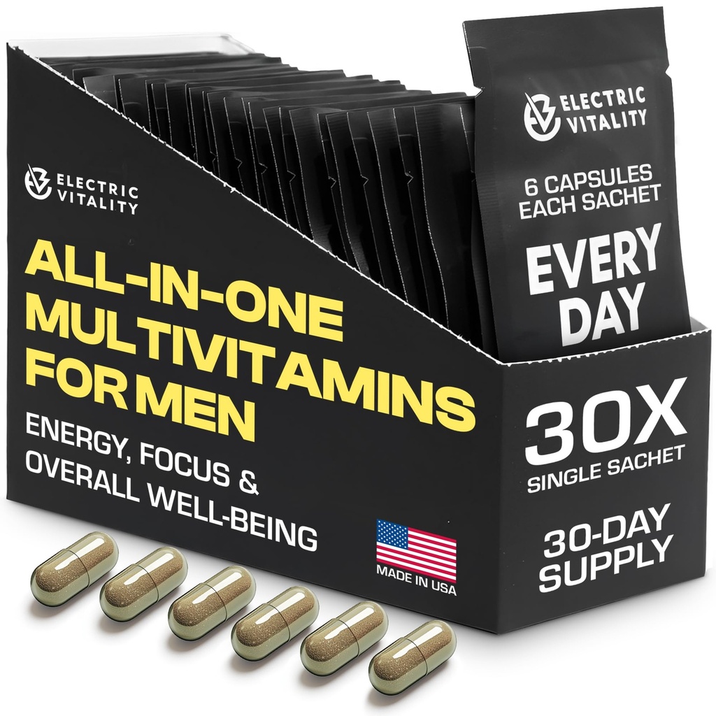 Multivitamiinid meestele - kõik ühes pakendis energia ja keskendumise jaoks, meeste vitamiinid vaimse jõudluse ja tervise jaoks, pakitud Tongkat Ali, Shilijit, C-vitamiin B3, B1, A, B12, 30 Pk