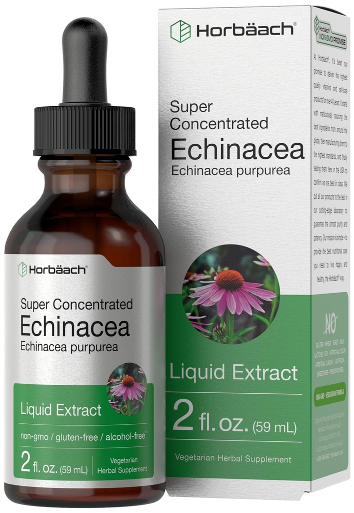 Horbaach Echinacea tilgad Herb Tinktuur | 2 fl oz | Super kontsentreeritud juure ekstrakt | Alkoholivaba vedelik | Taimetoitlane, mitte-GMO ja gluteenivaba toidulisand