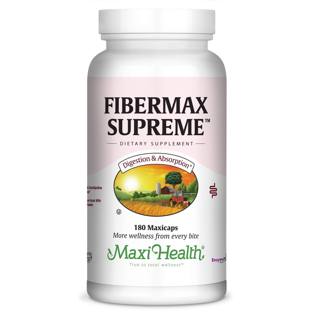 Maxi Health Fibermax Supreme - Fiber kapslid õrna seede- ja soolestiku toetamiseks - taimetoitlane Psyllium Husk kapslid - Kosher Fiber Supplement meestele ja naistele (180 Count)