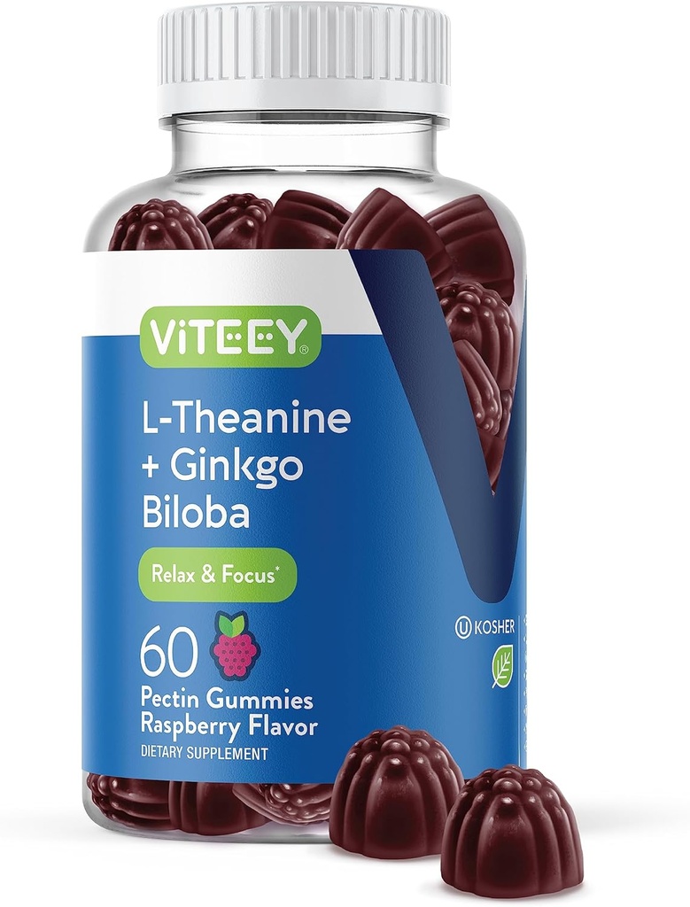 Viteey L-Theanine Gummies koos Ginkgo Biloba täiskasvanutele - Aids in Focus & Lõdvestu, Parandage meeleolu - Non GMO, želatiinivaba, Vegan, Gluteenivaba, looduslikult hangitud Maitsev Vaarika Maitsestatud Gummy